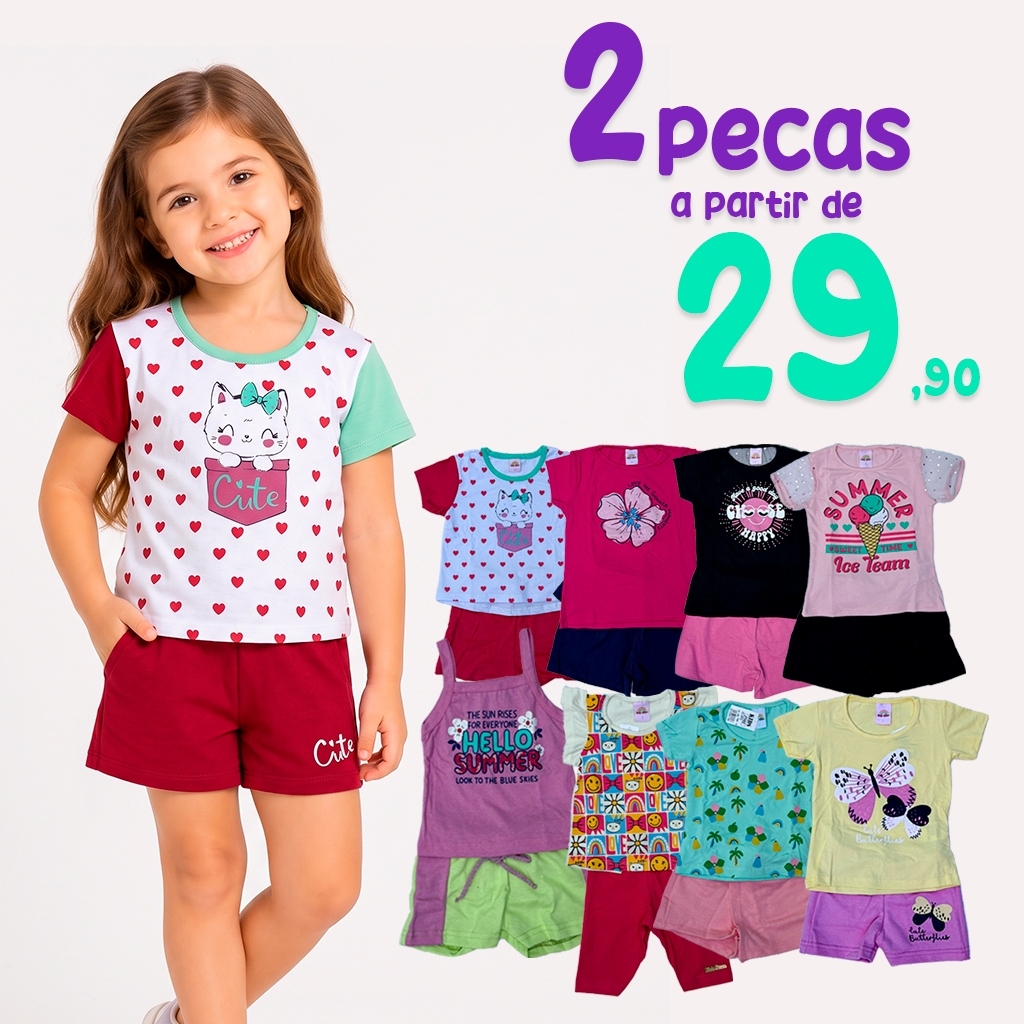 Conjunto Infantil Feminino Verão Camiseta e Bermuda Algodão Menina Roupa Infantil Tamanho 1 ao 8