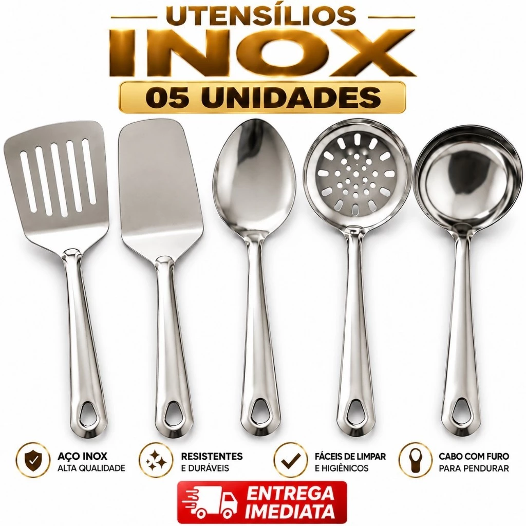 Kit Utensílios Inox 6 Peças Cozinha Inox Espátula Concha Escumadeira Colher Pegador Qualidade Casa Restaurante Buffet