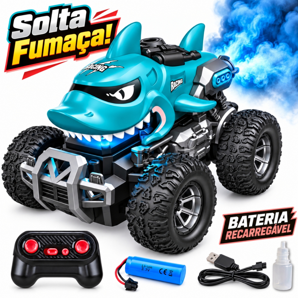 Carrinho Controle Remoto Recarregavel Tubarão Off Road Efeito De Fumaça