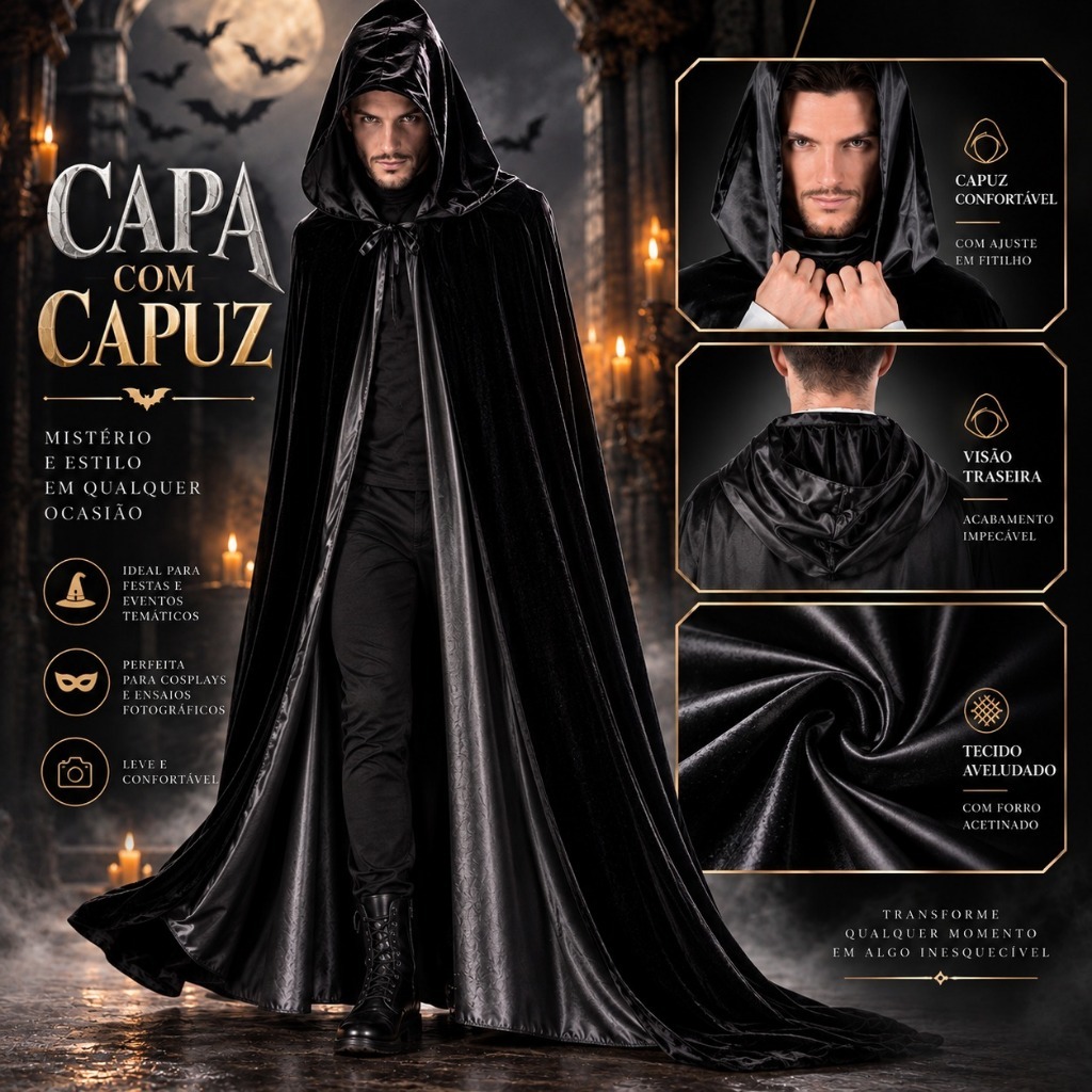 Capa De Bruxa Vampiro Drácula Halloween Capuz Adulto Luxo