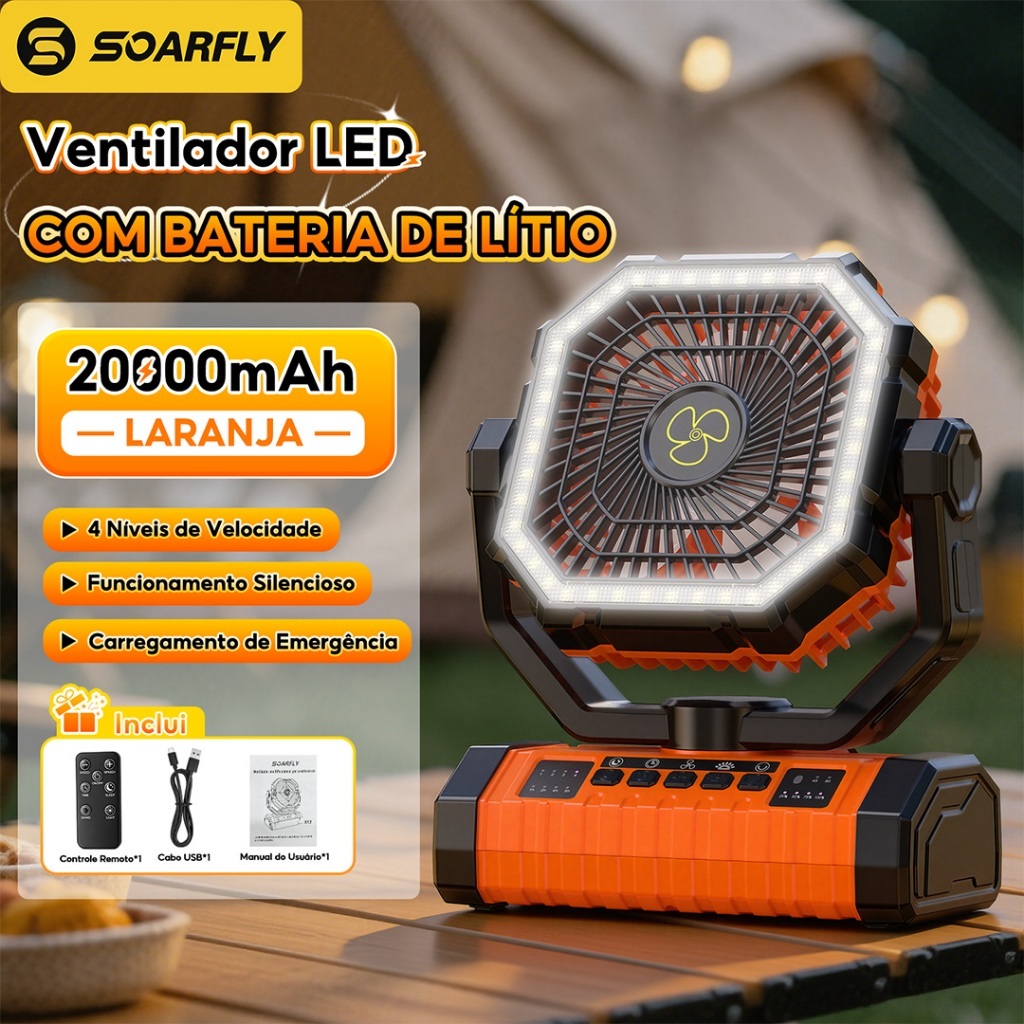 Ventilador portátil recarregável 20000mah carregador c/led pendurar ângulo ajustável premium viagem