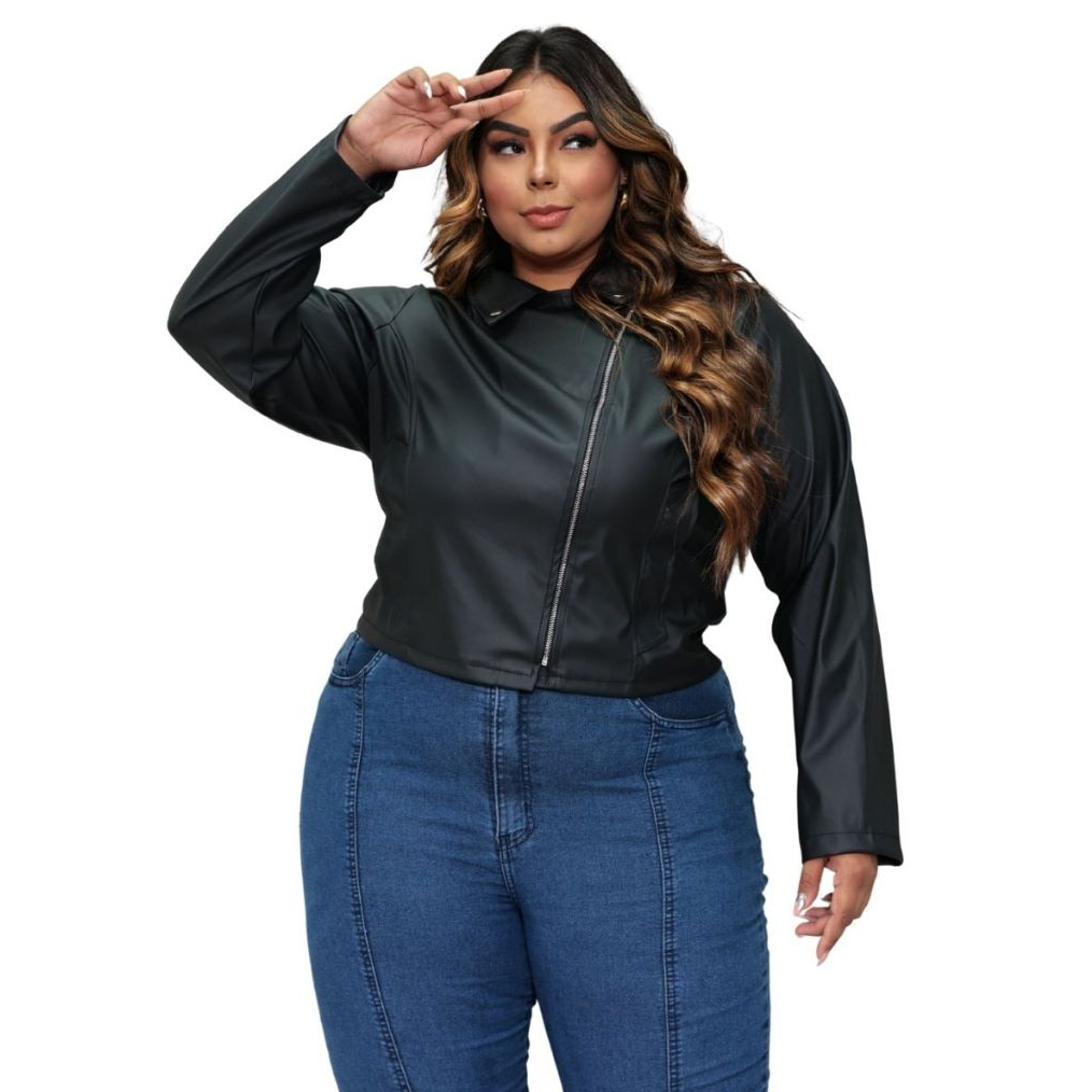 Jaqueta Feminina Plus Size Couro Sintético Estilo Biker Jackie com Ziper Cor Prata — imagem 2 de 2