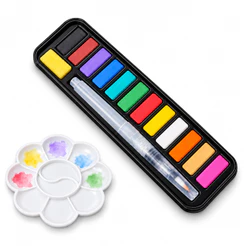 Kit Estojo Aquarela 12 Cores Pastilha c/ Pincel + Godê Flor