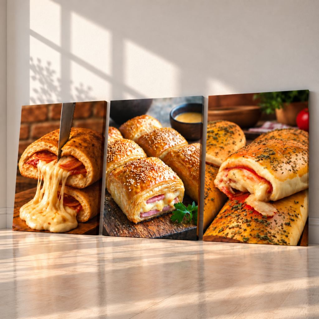 Quadros Decorativos Pão Pizza Saldado Presunto Queijo Enroladinho Fritura Joelho Assado Kit 3 Peças
