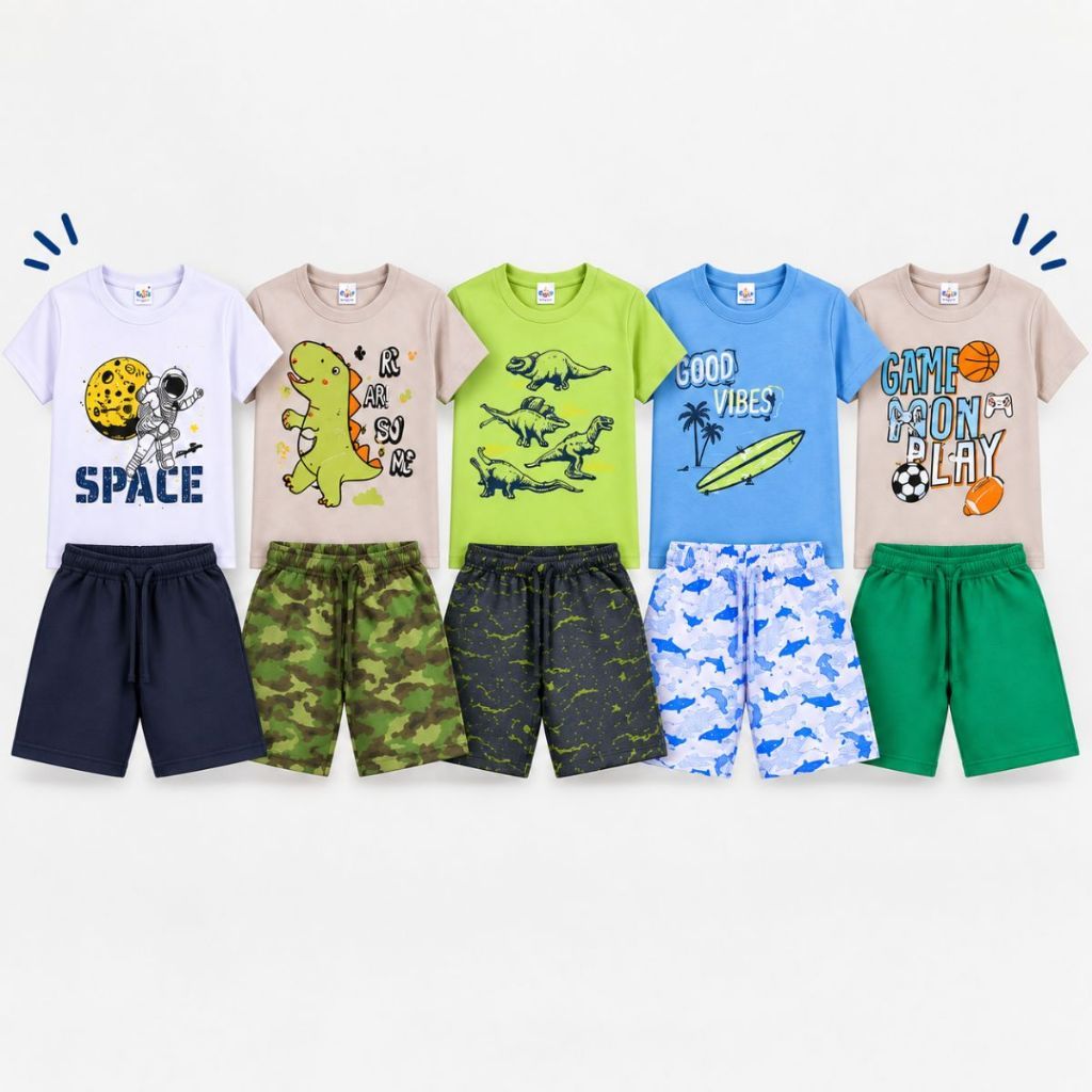 Conjunto Infantil Masculino 100% Algodão Blusa Gola Redonda Estampada Shorts Com Cordão Verão