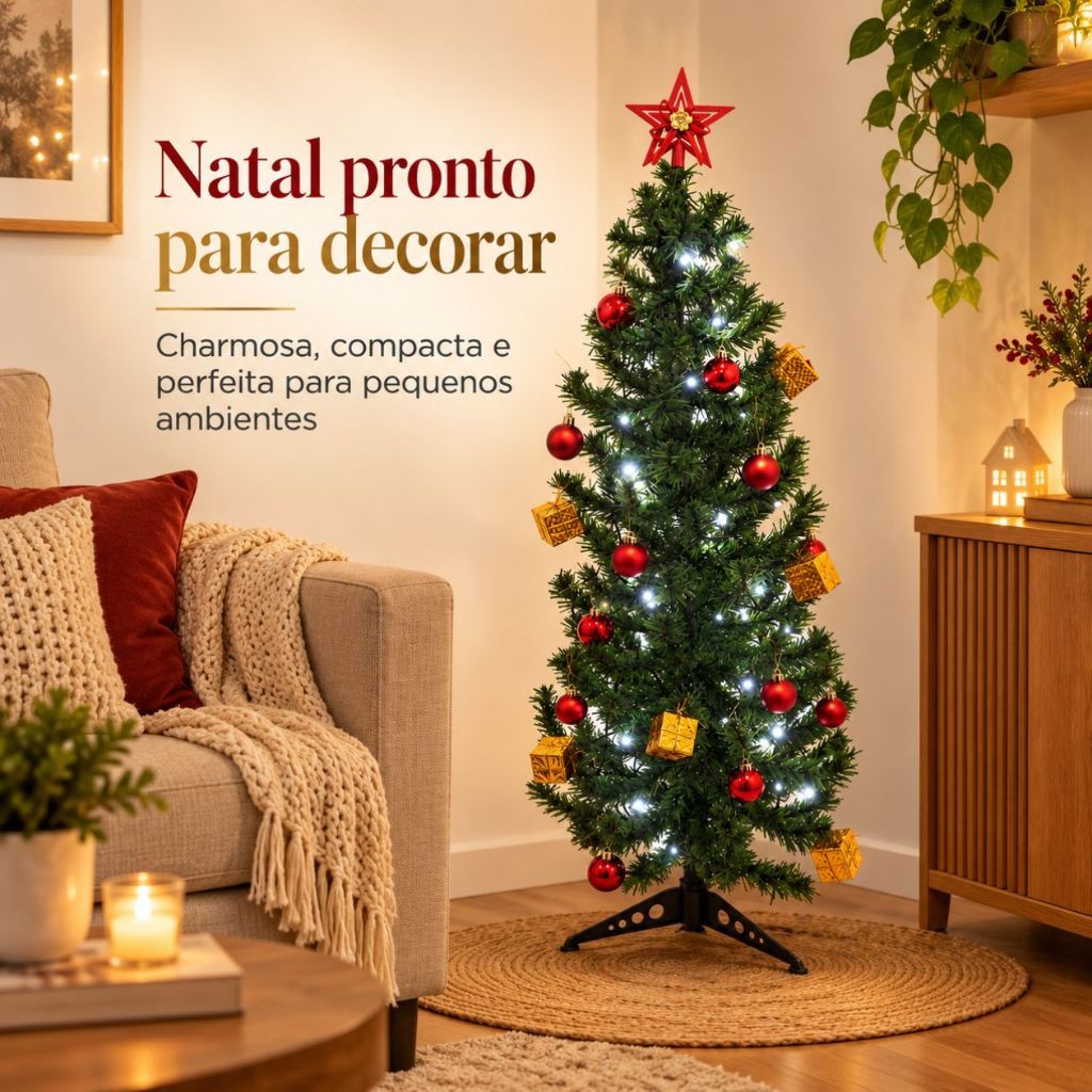 Kit de Natal para Espaços Pequenos Árvore 120cm + Pisca-Pisca + Enfeites - Bolas e Estrela Natalina