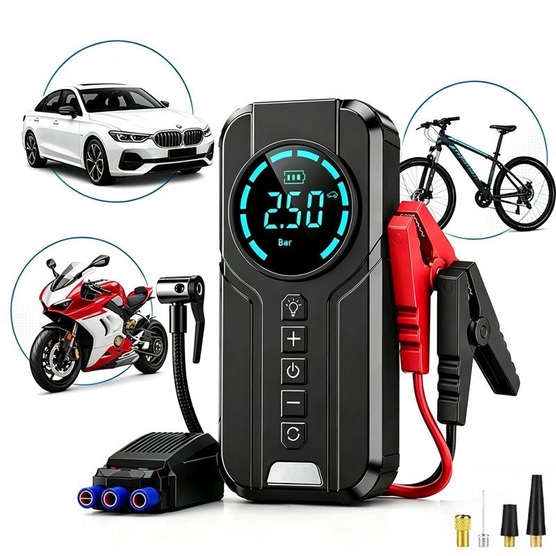 Auxiliar de Partida Portátil Automotivo com Compressor de Ar Digital, Carregador de Bateria e Lanterna LED
