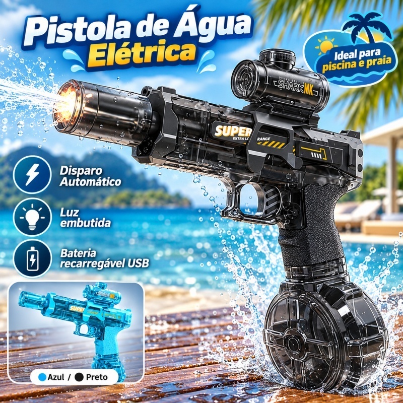 Pistola de Água Elétrica Automática USB Recarregável com LED Brinquedo Infantil para Piscina e Praia
