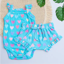 Conjunto Bebê Canelado Verão Body e Tapa Fralda Infantil Babado Verde Coração Menina