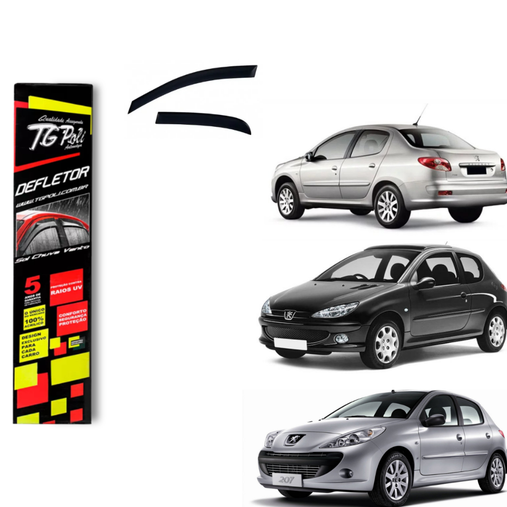 Calha de Chuva Peugeot 206 207 2000 a 2015 4 portas TG Poli Defletor Portas Protetor Janelas Fumê