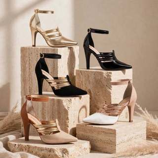 Sapato Scarpin Feminino Salto Fino 9cm Bico Fino Tiras Metalizado Ouro Rose Preto Verniz Dourado Confortavel Festa