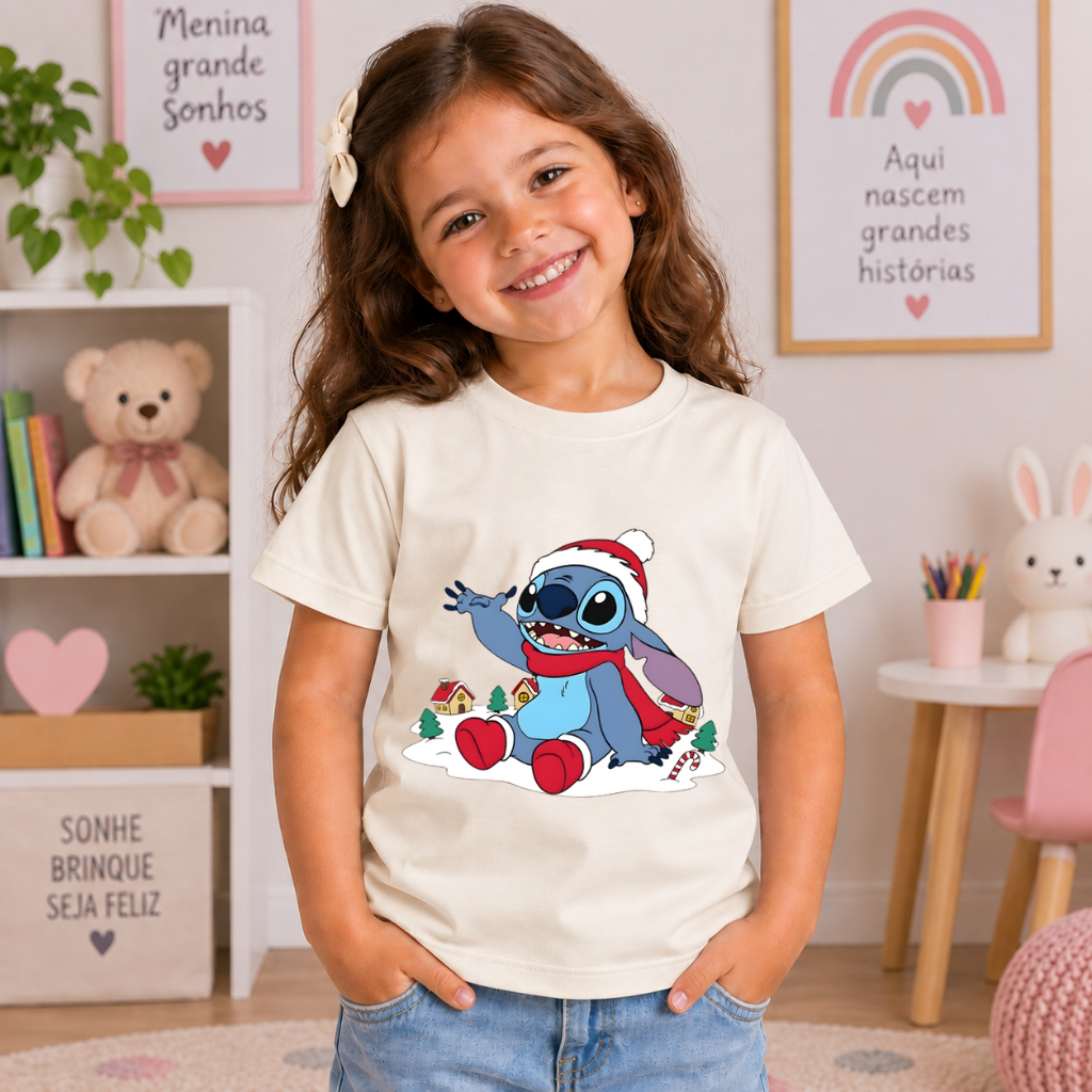 Camiseta Stitch Natal Infantil Juvenil Feminina 100% Algodão Estampa Moderna Confortável Casual