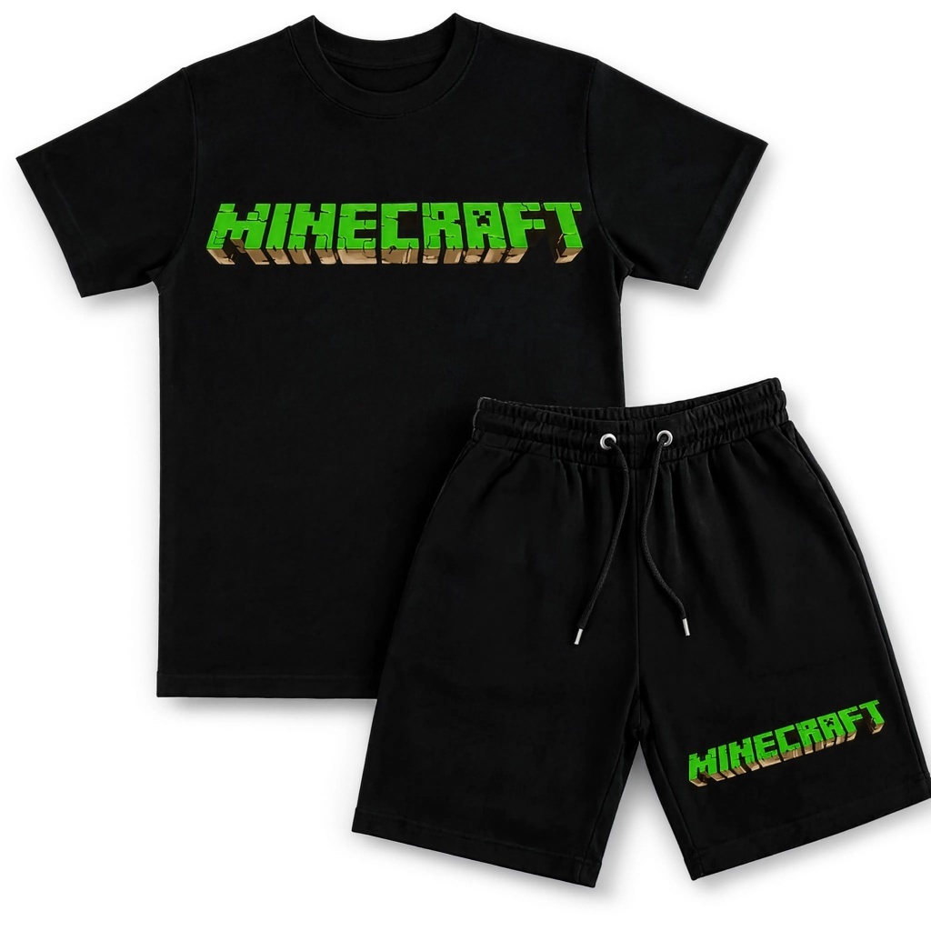 Conjunto Infantil Minecraft Menino Camiseta + Bermuda Estampada Gamer Personagens Jogo