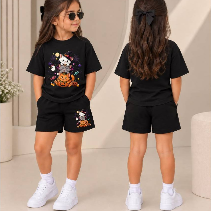 Pequena Fashionista: Conjunto Infantil Feminino Gatinhos Fofos Halloween Camiseta Básica Estampada + Short de Moletom