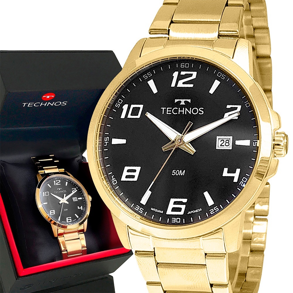 Relógio Technos Masculino Dourado Preto Original 1 Ano de Garantia