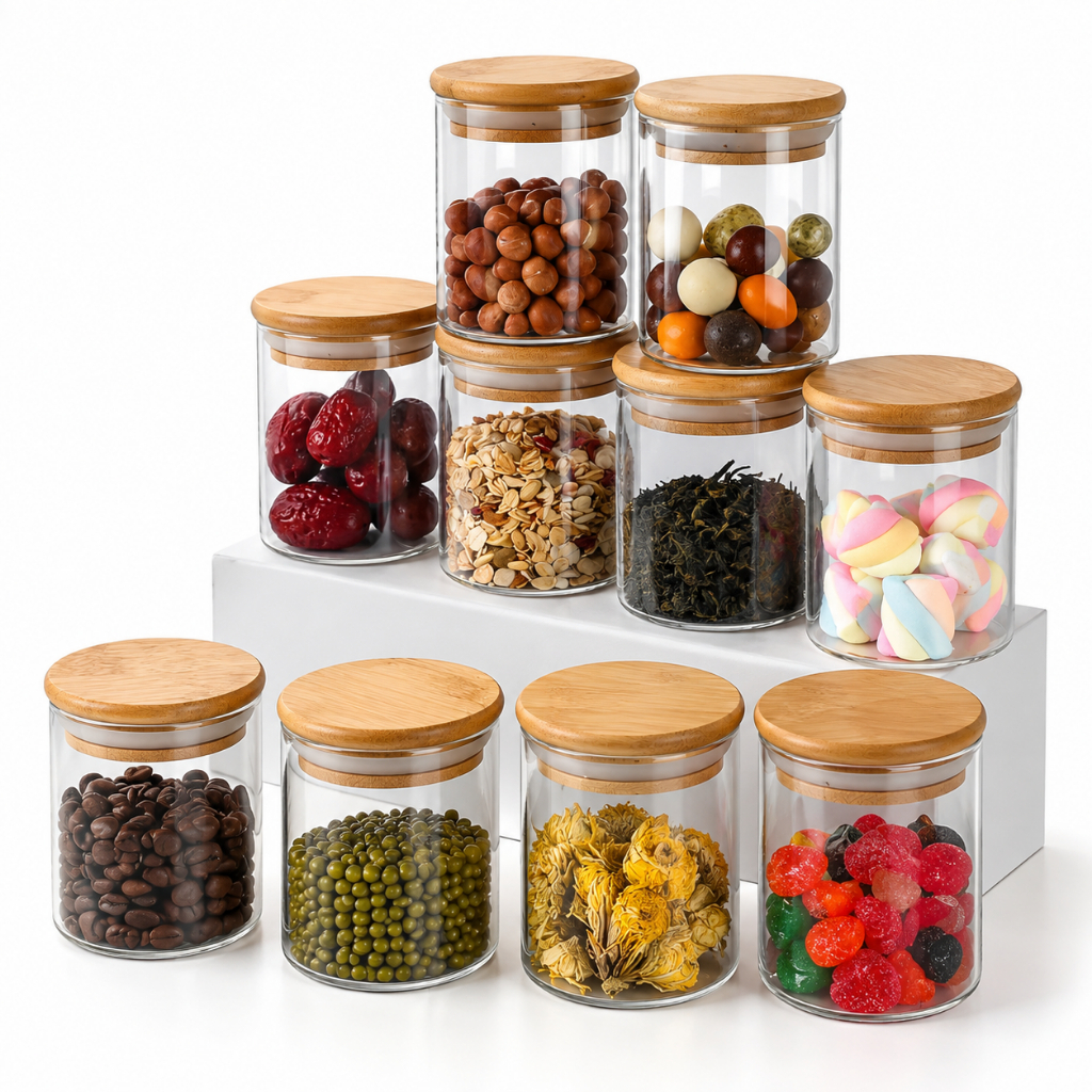 Kit 10 Potes De Vidro Hermético Com Tampa De Bambu e Colher Para Temperos