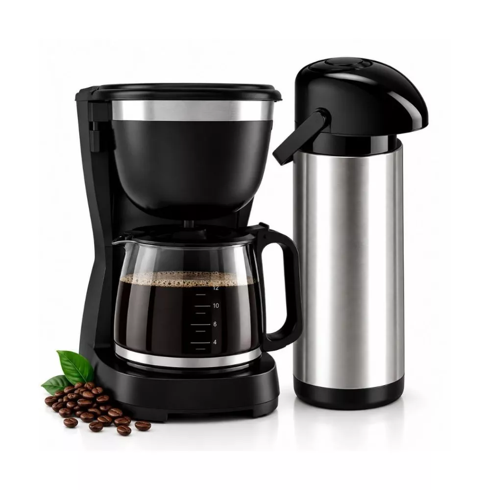 Kit Cozinha Cafeteira Elétrica 1,2L 127V + Garrafa Térmica Inox Preta 1L para Café Chá Quente Não Esfria
