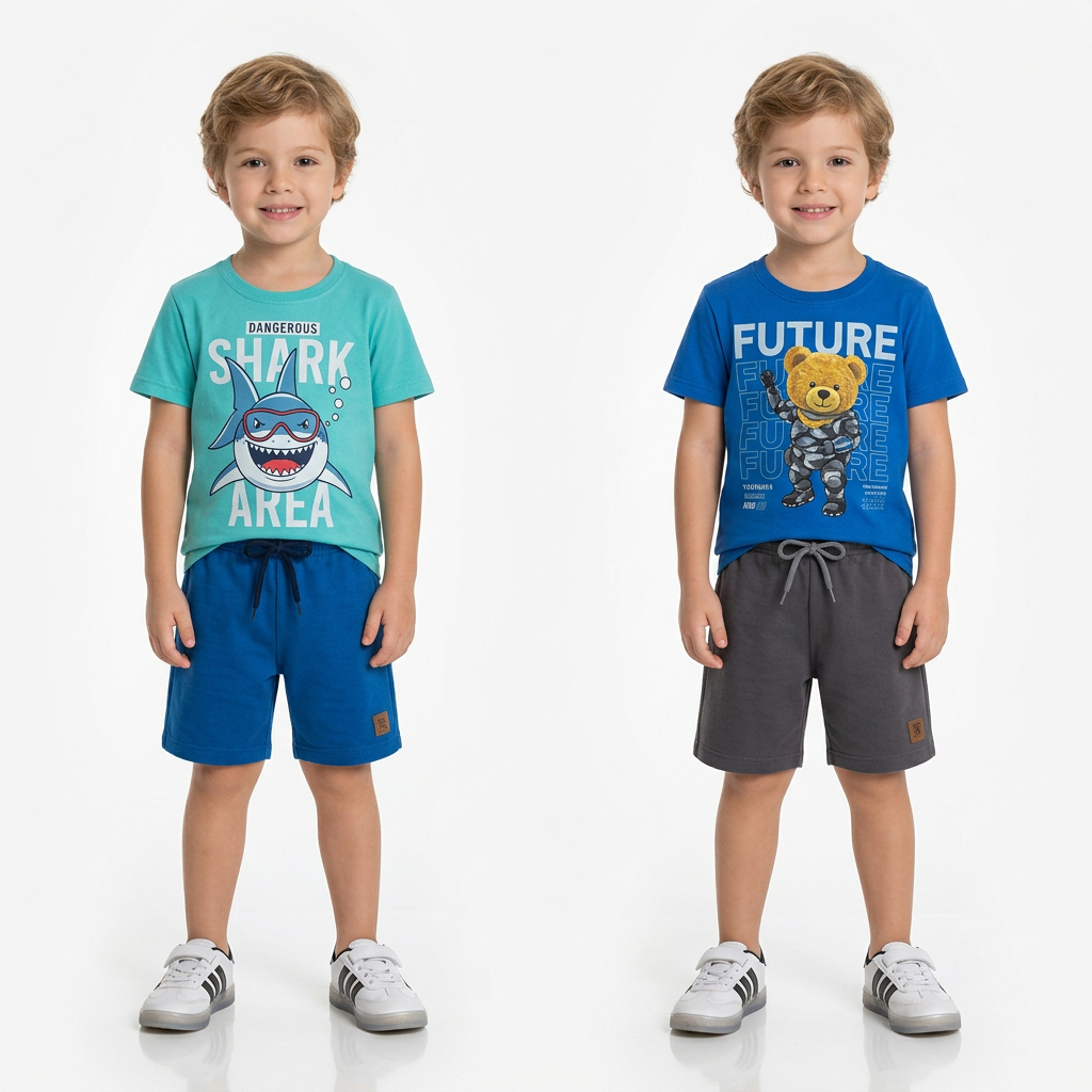 Kit 2 Conjunto Infantil Completo Roupa Menino Algodão Camiseta + Short Macio moletinho Confortável para Dia a Dia Escola