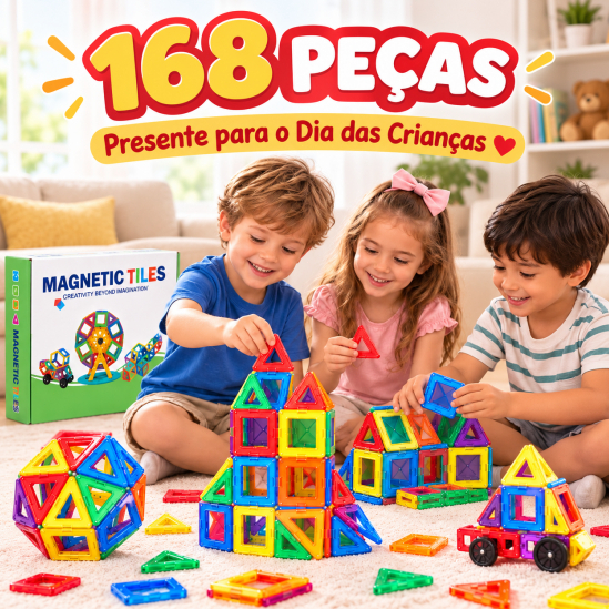Kit Blocos Magnéticos 168 Peças Brinquedo Infantil Construção 3D STEM, Presente de Dia das Crianças Brinquedo de Montar