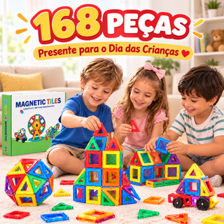 Kit Blocos Magnéticos 168 Peças Brinquedo Infantil Construção 3D STEM, Presente de Dia das Crianças Brinquedo de Montar