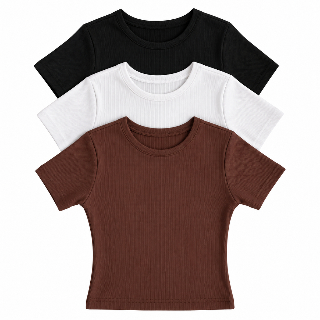 Kit 3 Cropped Feminino Manga Curta Canelado Ribana Algodão Gola Redonda Blusinha Básica Opção de Cores baby tee