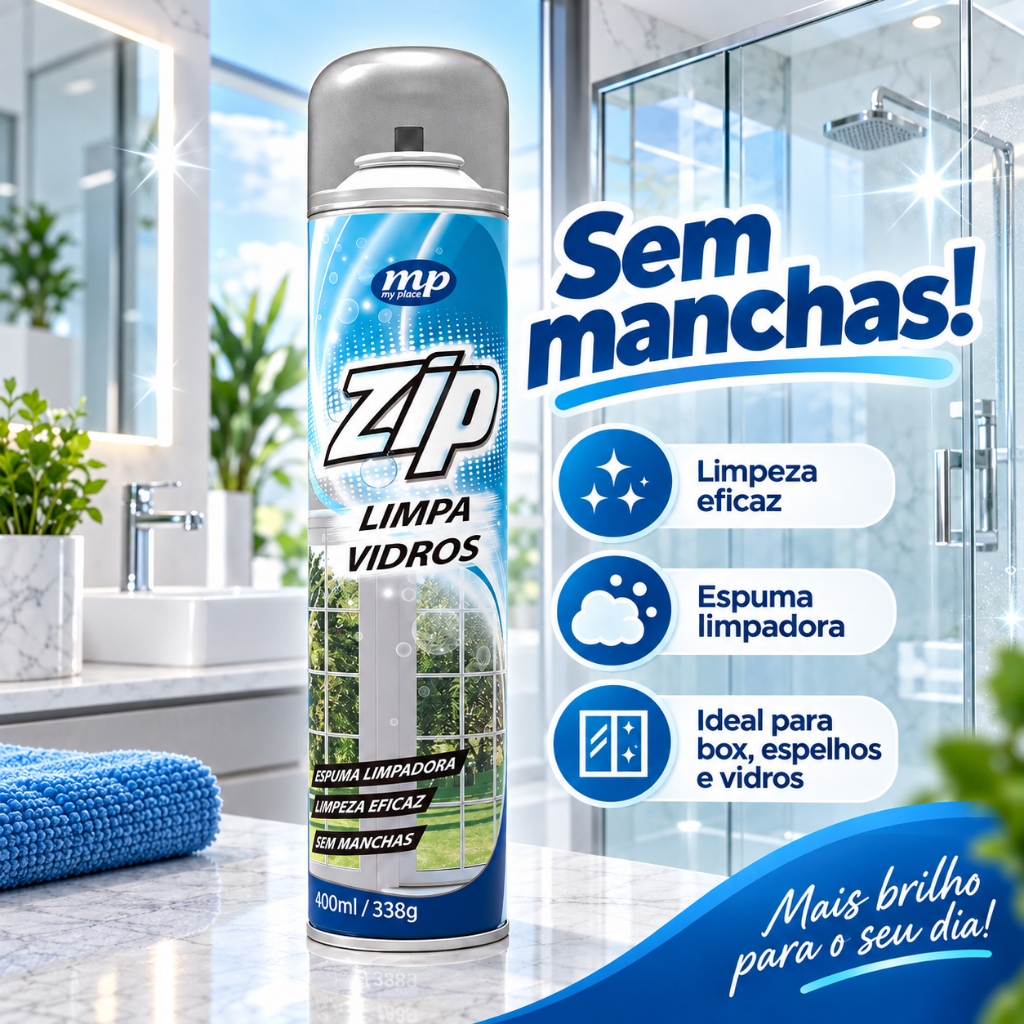 LIMPA VIDROS ZIP CLEAN MY PLACE 400ml SPRAY ESPUMA MAGICA SEM MANCHAS IMPERMEABILIZANTE BOX E ESPELHOS