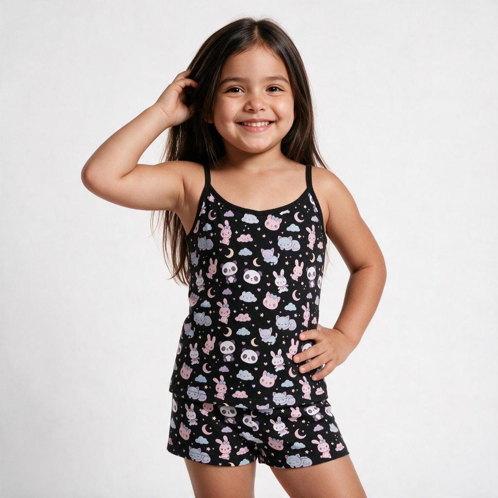 Pijama Baby doll Infantil Feminino Short Doll Estampado para Menina