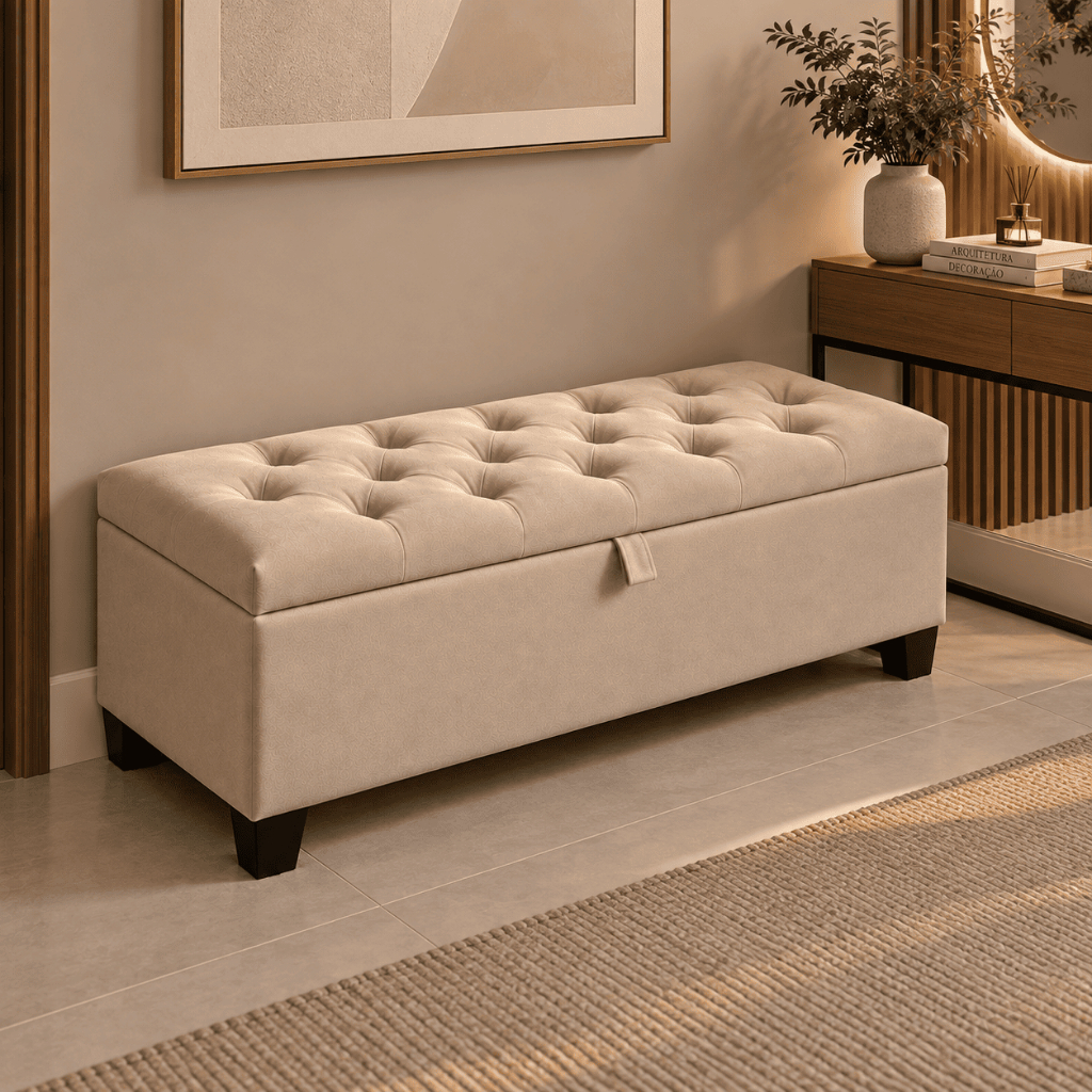 Banco Baú Puff Recamier 120cm Organizador Multiuso Com Acabamento Sofisticado Para Quarto Moderno Decorativo Elegante
