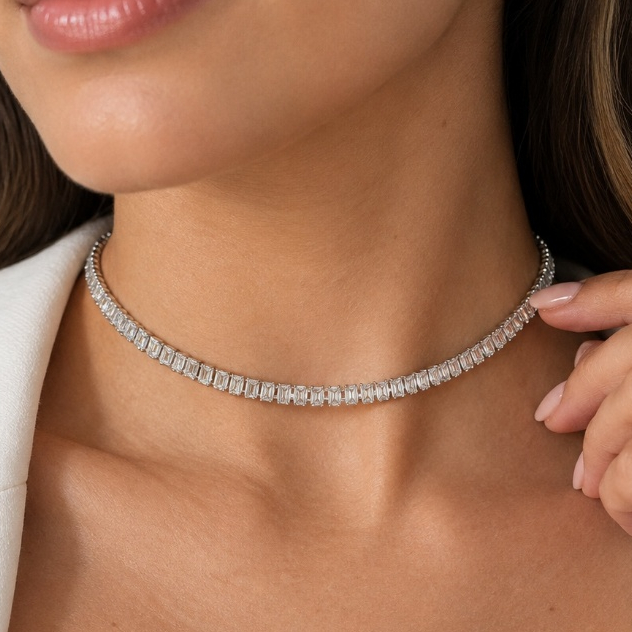 Colar Riviera Baguete Feminino com Pedras Brilhantes Choker Riviera Luxo Elegante Colar de Festa Casamento Formatura