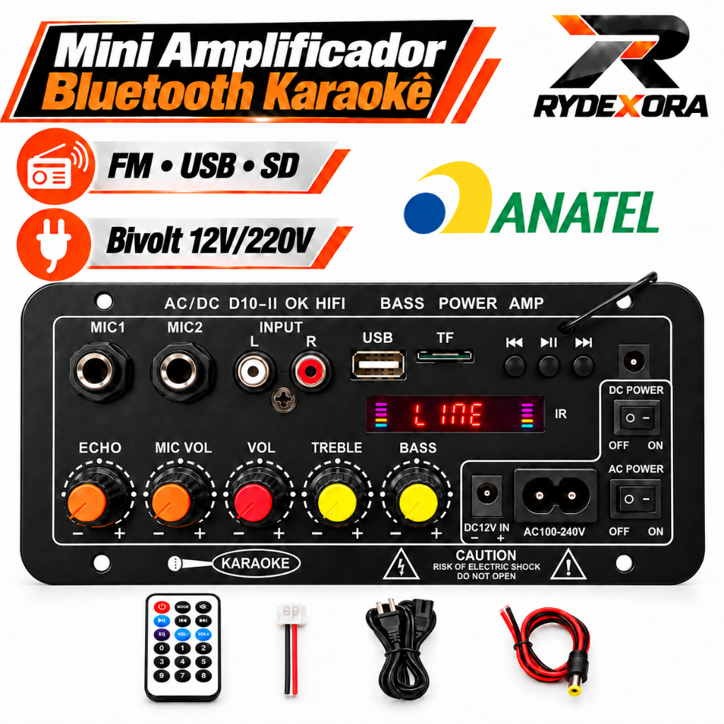 Mini Amplificador Bluetooth Karaokê 2 Microfones FM USB SD 12V/220V Bivolt