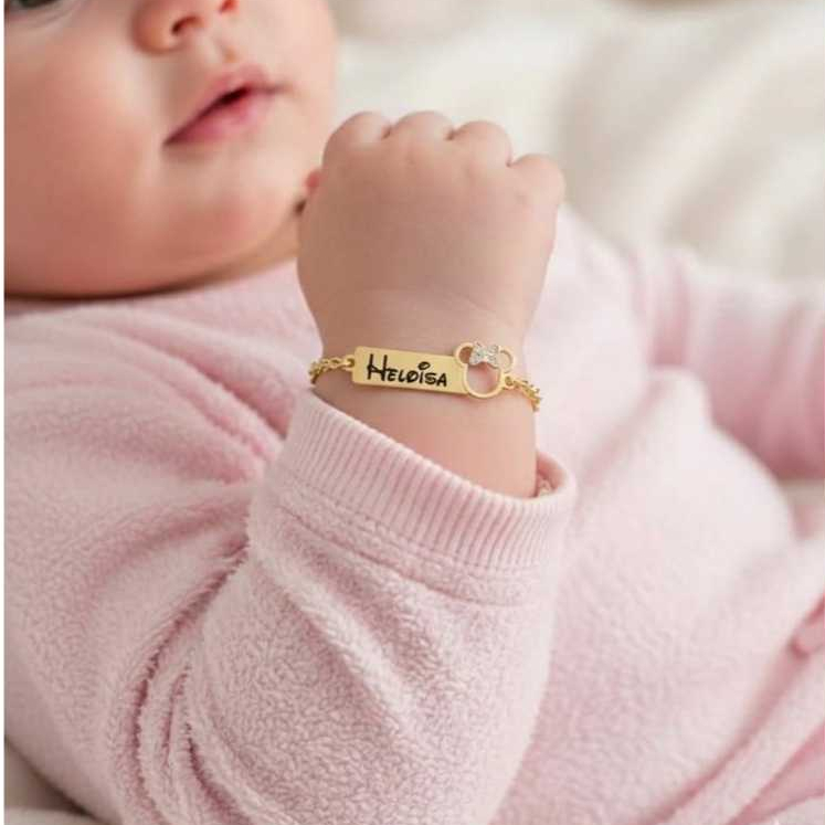 Pulseira Infantil RN Personalizada Nome Bebê Semijóia Banhado a Ouro 18k Antialérgica