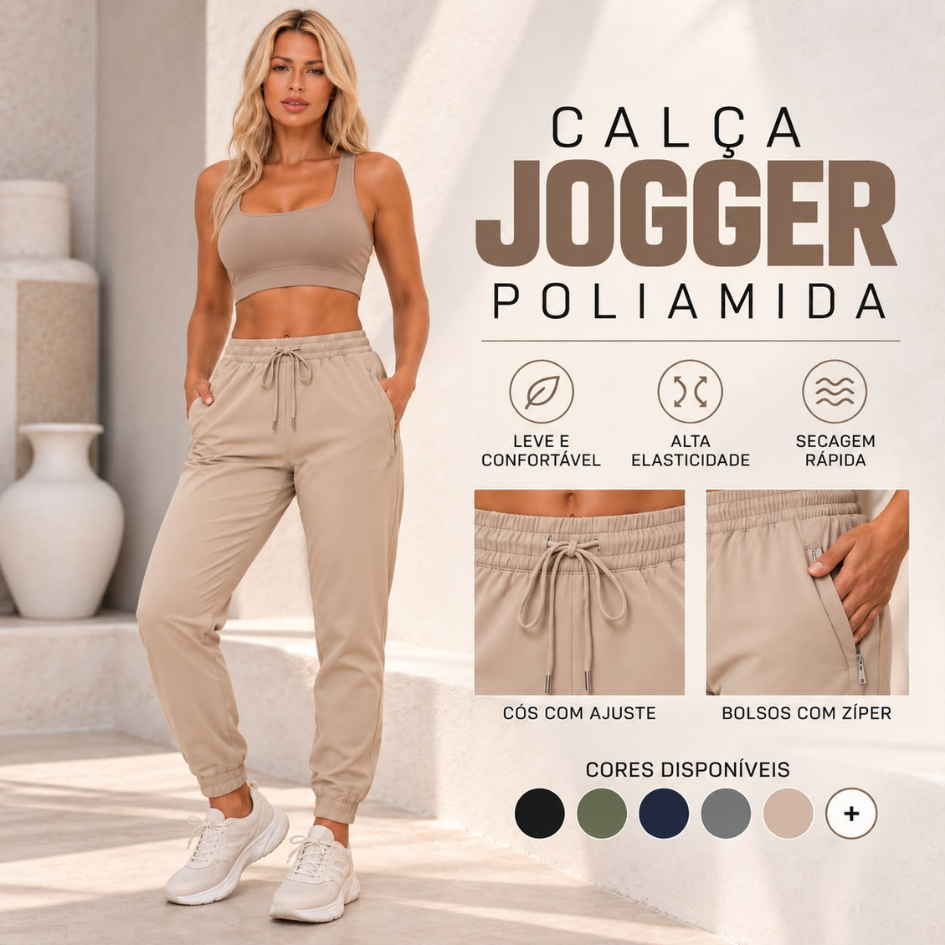 Calça Feminina Jogger com Bolso e Fitas Esportiva Poliamida para uso Academia Casual