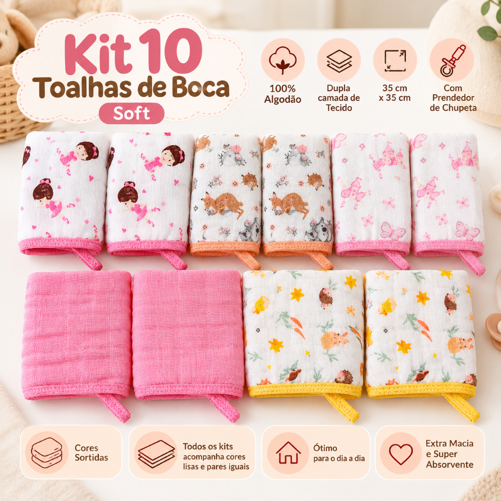 Kit 10 Toalhas Paninho Pano de Boca Bebe Soft 100% Algodão Menino Menina Sortido Enxoval