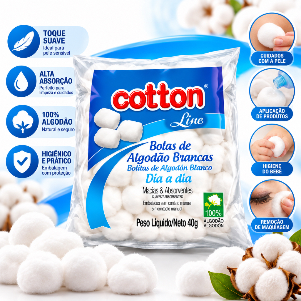 Algodão em Bola 100% Algodão Cotton 40g Macio Absorvente 3, 5, 10 ou 20 Pacotes