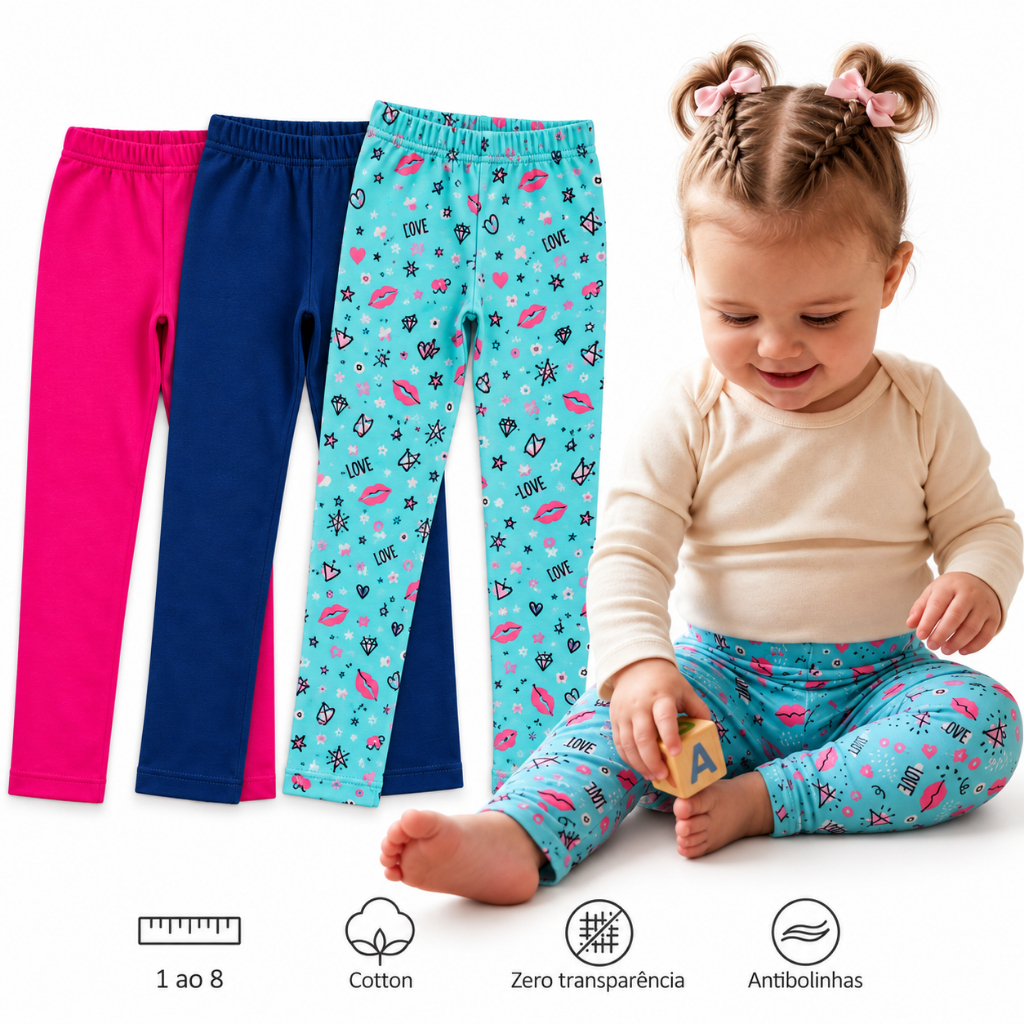 Kit 3 Legging Primeiros Passos Bebê Menina | Calça Legging Feminina Algodão Lisa ou Estampada 1 Ao 8