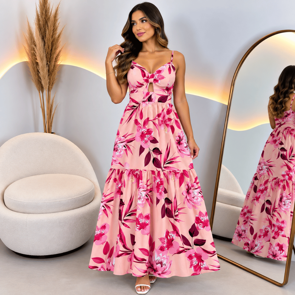 Vestido Feminino Longo Floral Crepe com Bojo Alça Regulável Abertura Elegante Pimenta Rosa