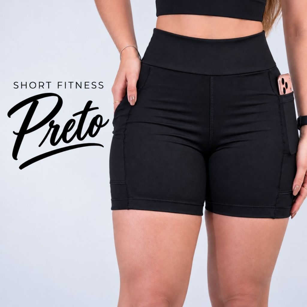 Short Academia Feminino Treino Fitness Cintura Alta Bolso Celular Confortável Zero Transparencia