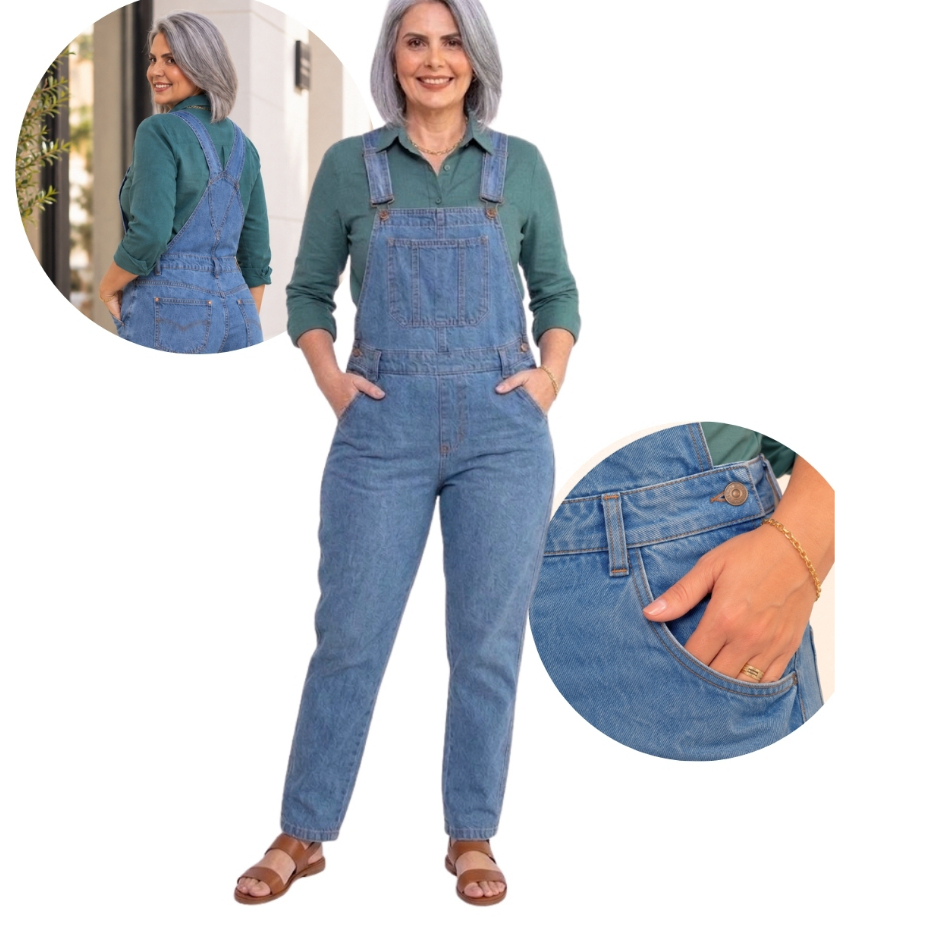 Jardineira Jeans Feminina Macacão Calça Cintura Alta Com Elastano Modelagem Justa Moda Feminina