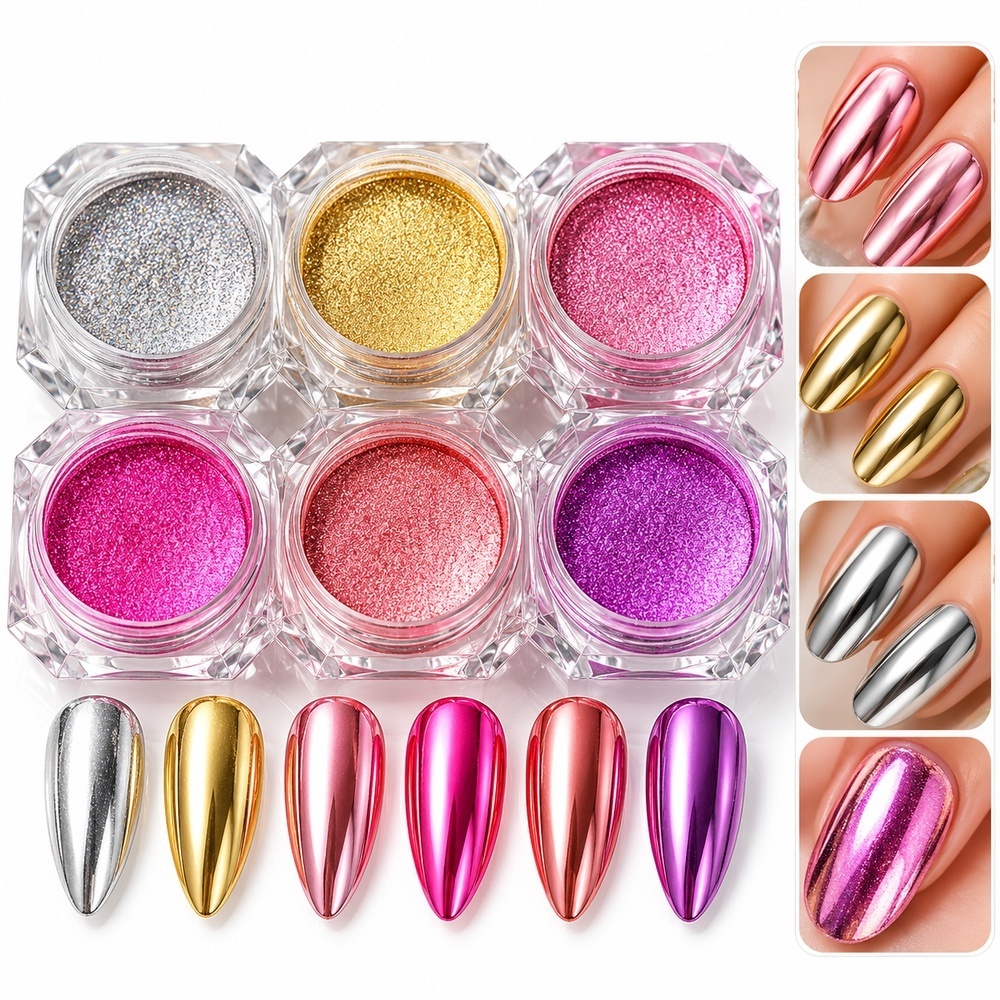 6 Cores Pó Cromado para Unhas Pigmento Efeito Espelho Nail Art Decoração Manicure