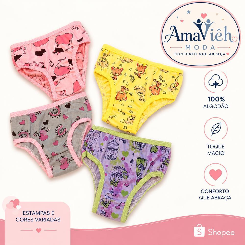 Kit 12 Calcinhas Menina Moça Infantil 100% Algodão com Elástico de Biquinho Confortável
