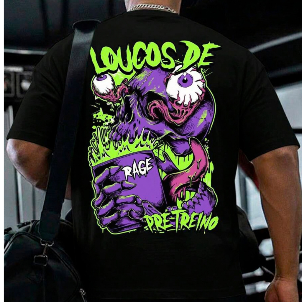 Camiseta Oversized Masculina Loucos de Pré-Treino Estampa Monstro Insano Rage Academia Fitness Streetwear Malha Premium
