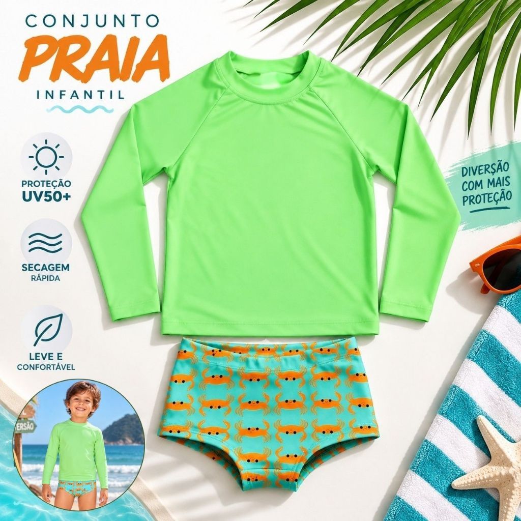 Conjunto Sunga Boxer+Blusa Térmica Proteção UV50+ Infantil Proteção Solar Praia Piscina Natação