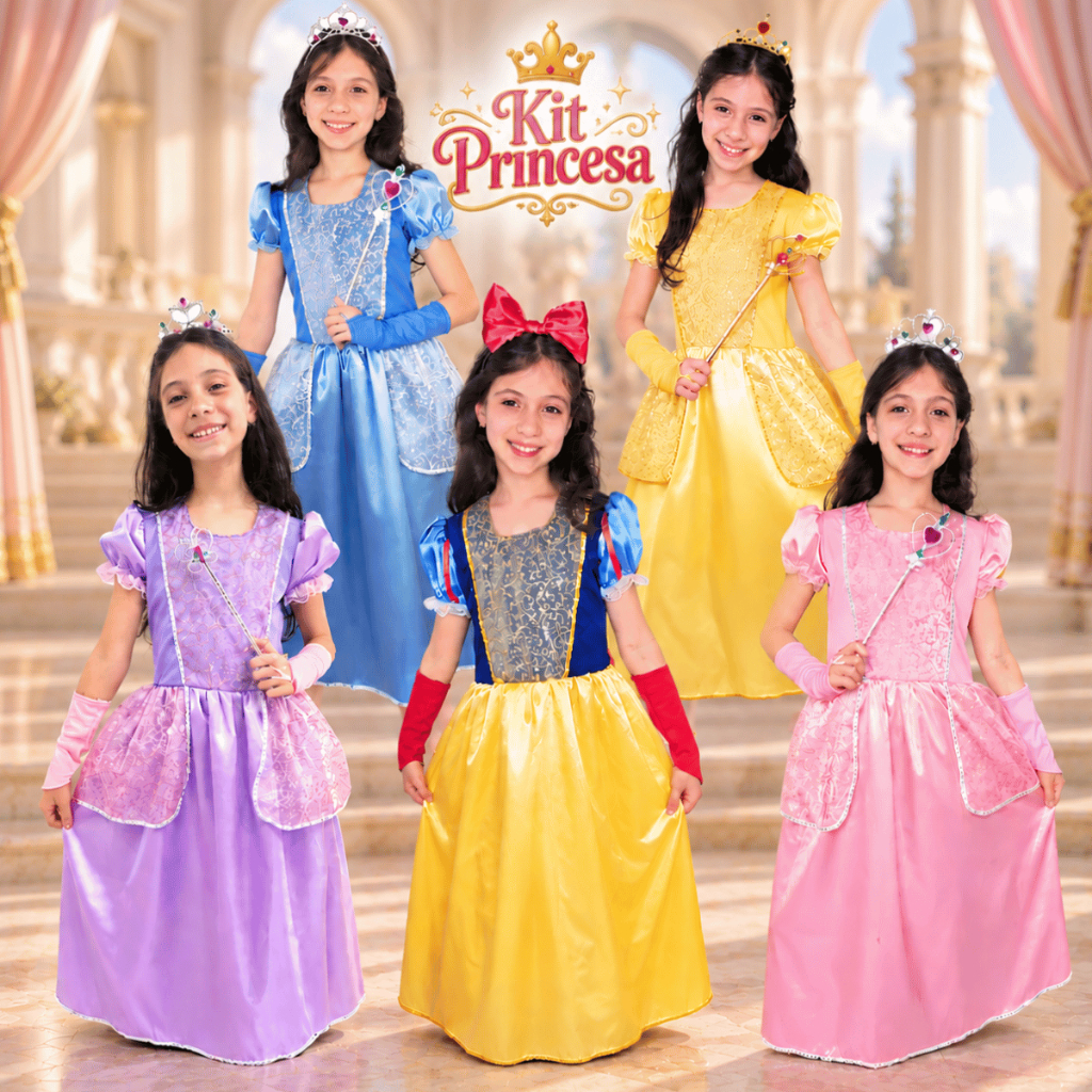 Fantasia de Princesa Menina Luxuoso Vestido Longo de Cetim com Kit Acessórios Luvas Coroa Varinha