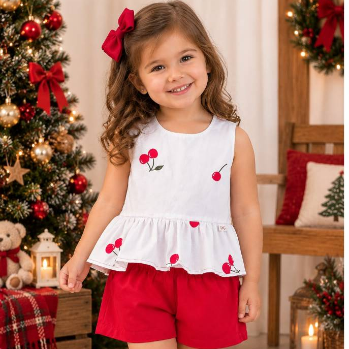 Conjunto Infantil Feminino Verão Blusa Estampada + Shorts Vermelho