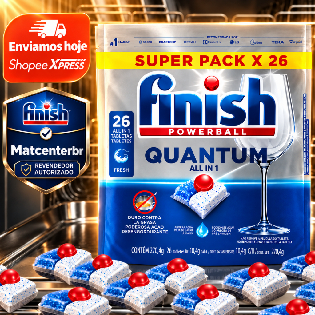 Detergente para Lava Louças em Tabletes Finish Quantum All in 1 26 unidades