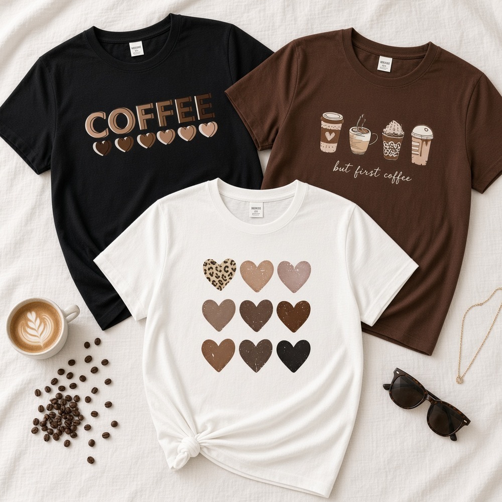Kit 3 Camisetas Plus Size Femininas G1 ao G4 Estampadas Café Coffee, But First Coffee e 9 Coracoes