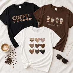 Kit 3 Camisetas Plus Size Femininas G1 ao G4 Estampadas Café Coffee, But First Coffee e 9 Coracoes