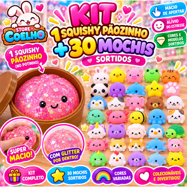 Kit Squishy Dumpling Grande + 30 Mini Mochis Fofo de Apertar Anti Stress - Dia Das Crianças