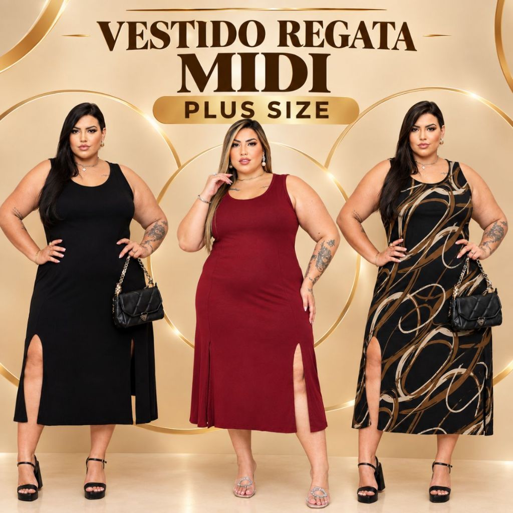 Vestido Feminino Regata Midi Fendas Frontais Plus Size Estiloso Mid Size Verão Curve 44 ao 56