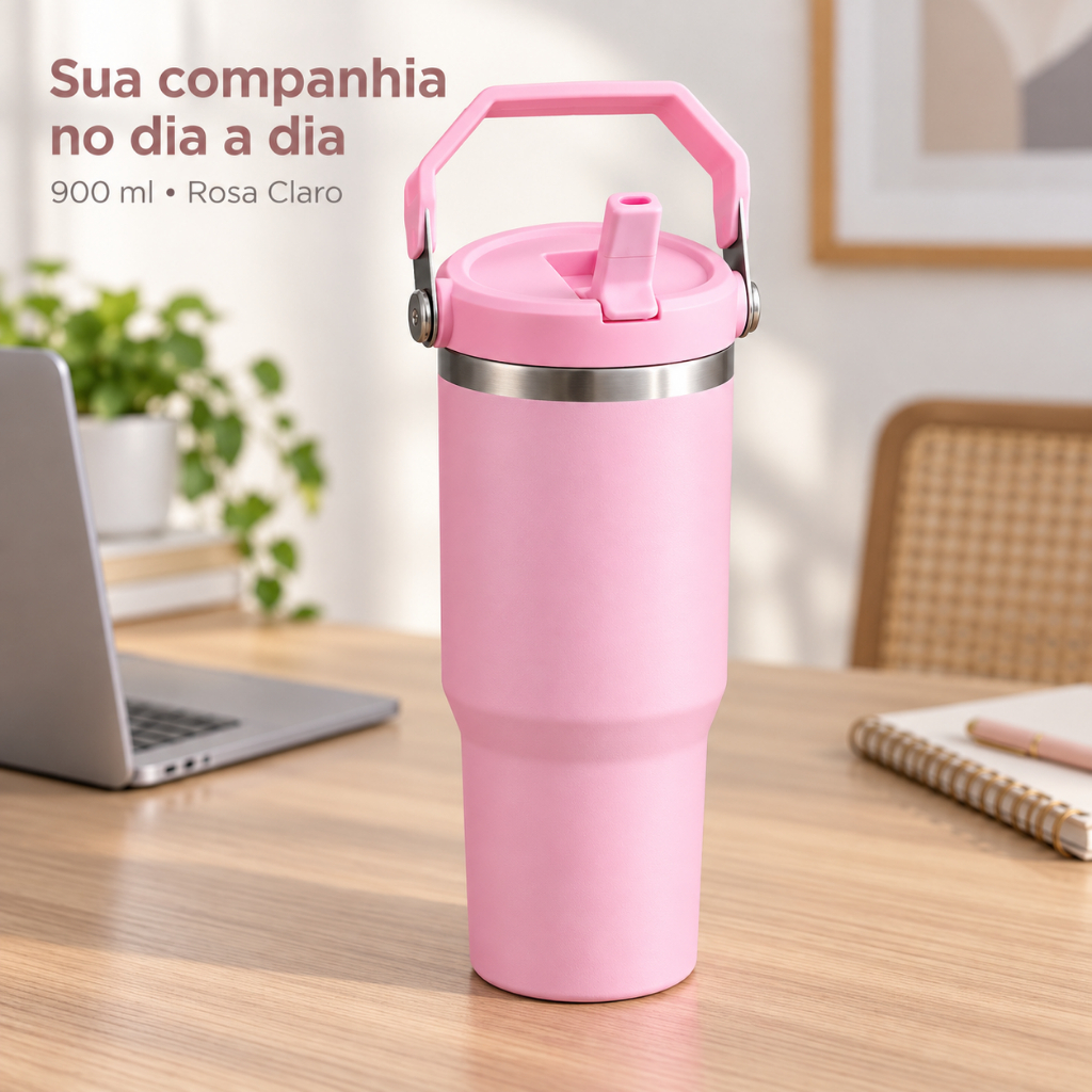 Garrafa Térmica em Inox 900ml e 600ml com Canudo e Alça Articulada